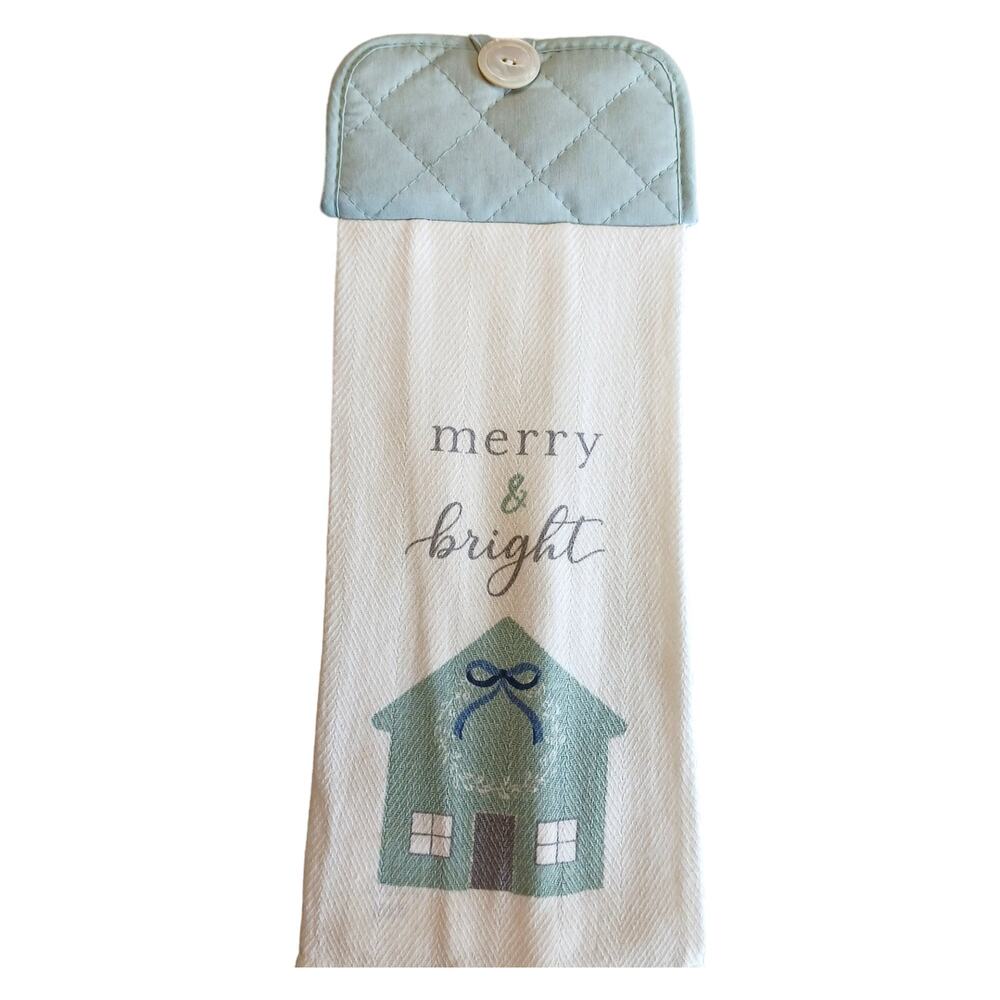 Merry & Bright Kitchen HangingTowel Vintage Buttons Holidays Christmas Green